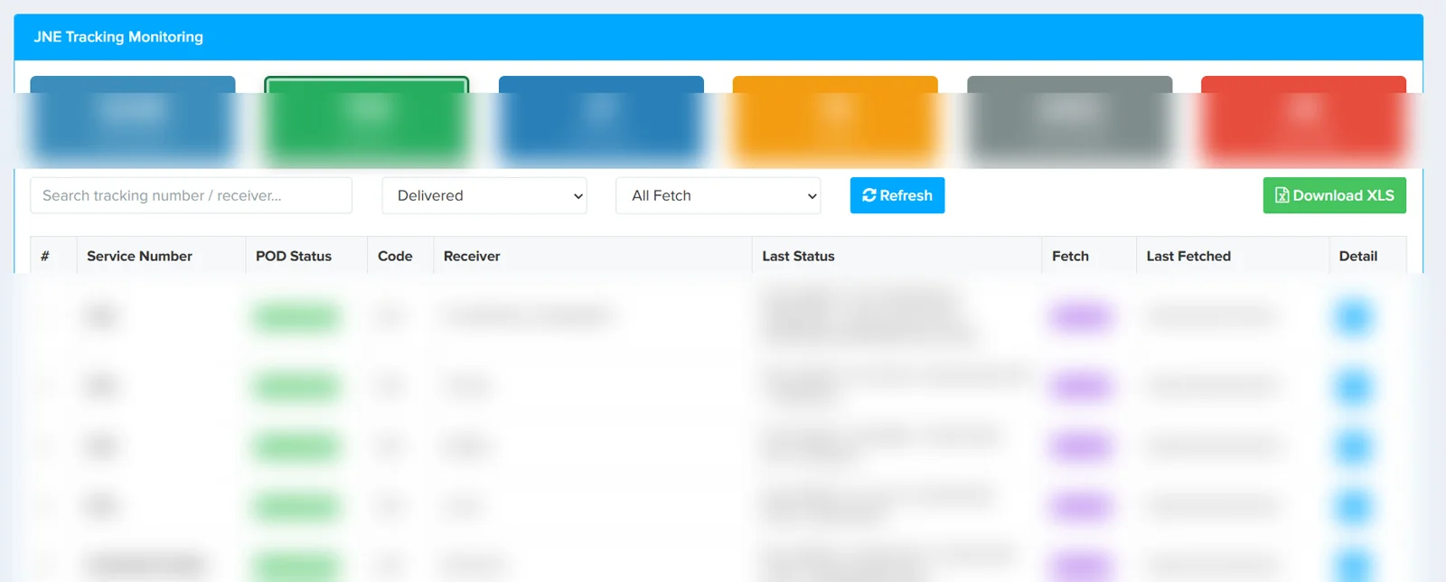 Sanitized JNE tracking monitoring dashboard